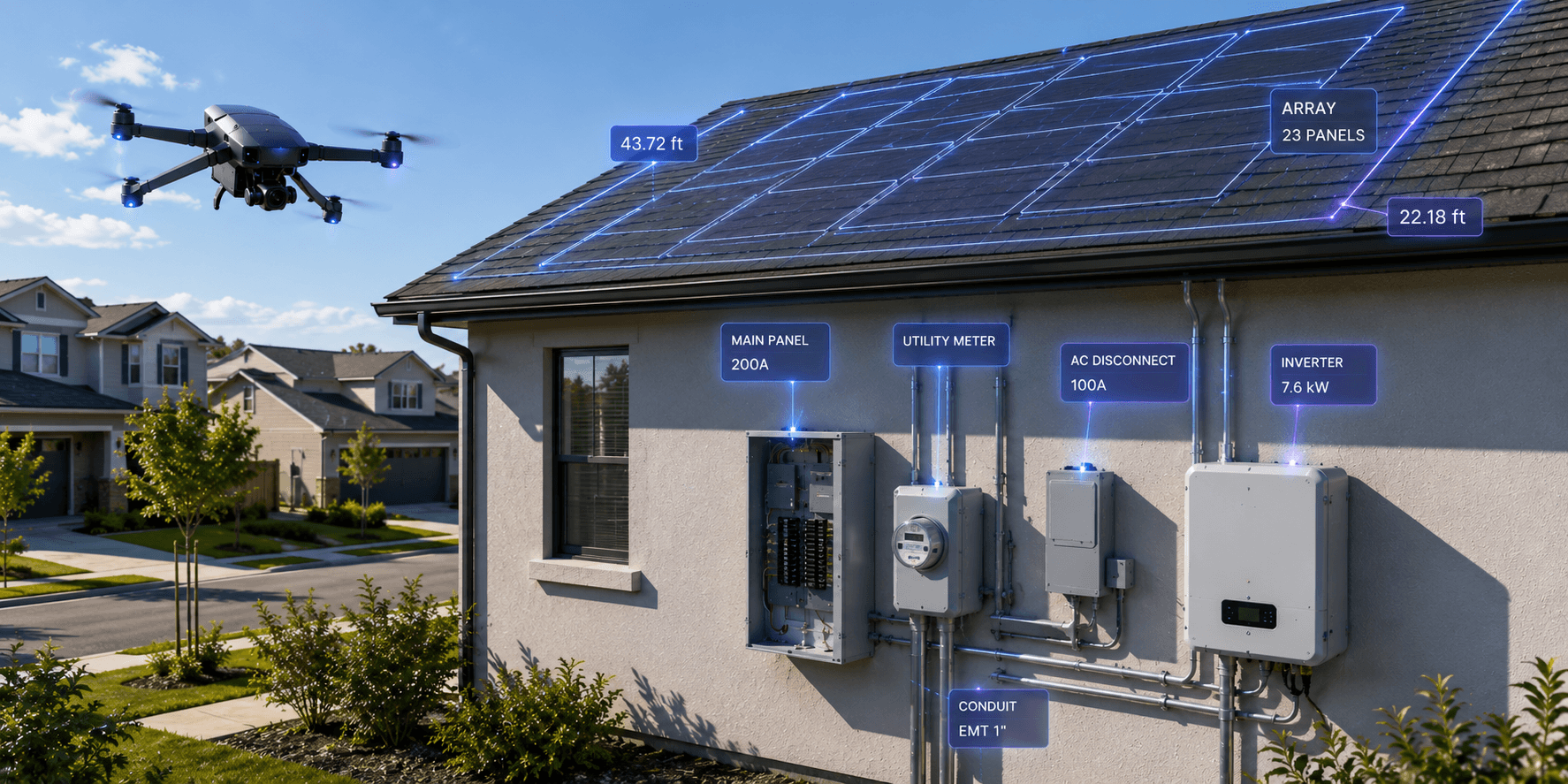 HOVER drone inspection with solar array, panel, inverter, and conduit callouts on a residential site